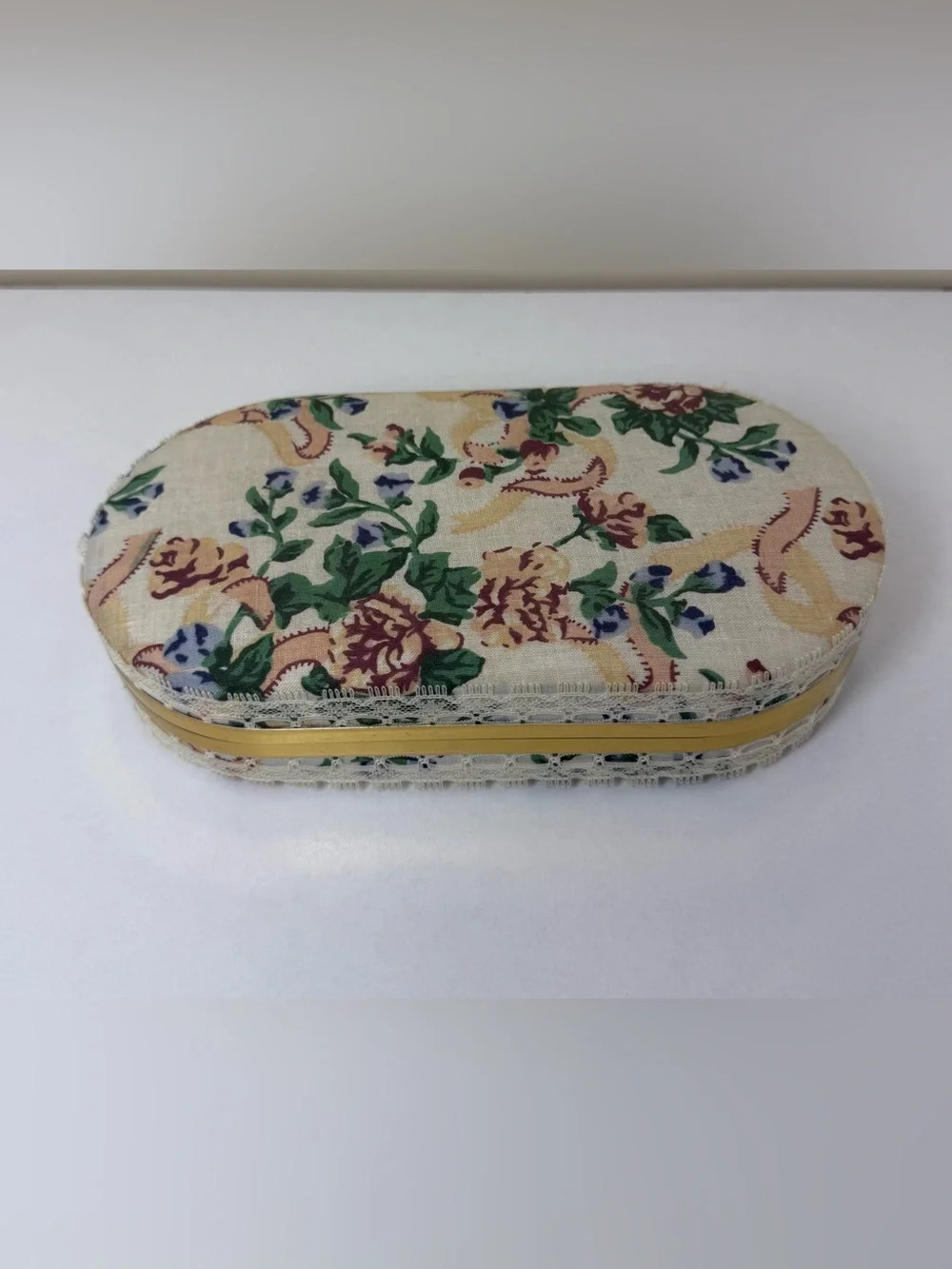 Vintage Floral Fabric Clamshell Jewelry Box Oval w/ Mirror, Lace & Gold trim